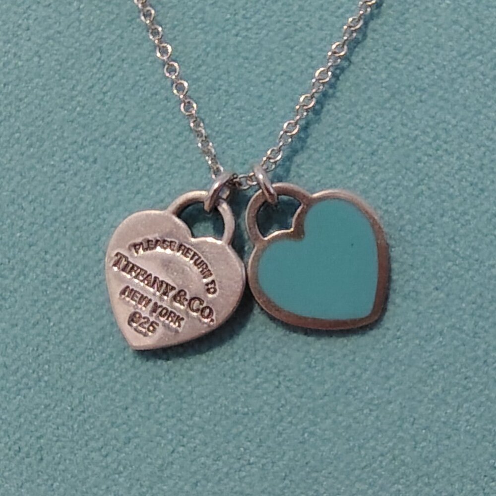 Tiffany & Co Blue Double Heart Tag Pendant and Chain Necklace